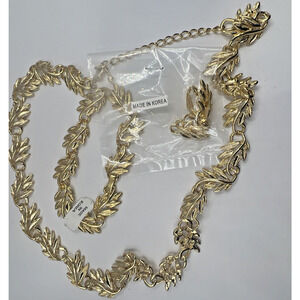 VINTAGE Limoges Set Gold‎ Tone Filigree leaf Necklace Bracelet Clip on Earrings